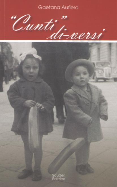 Book cover for "Cunti di-versi" by Gaetana Aufiero, featuring a vintage sepia-toned photo of two young children holding