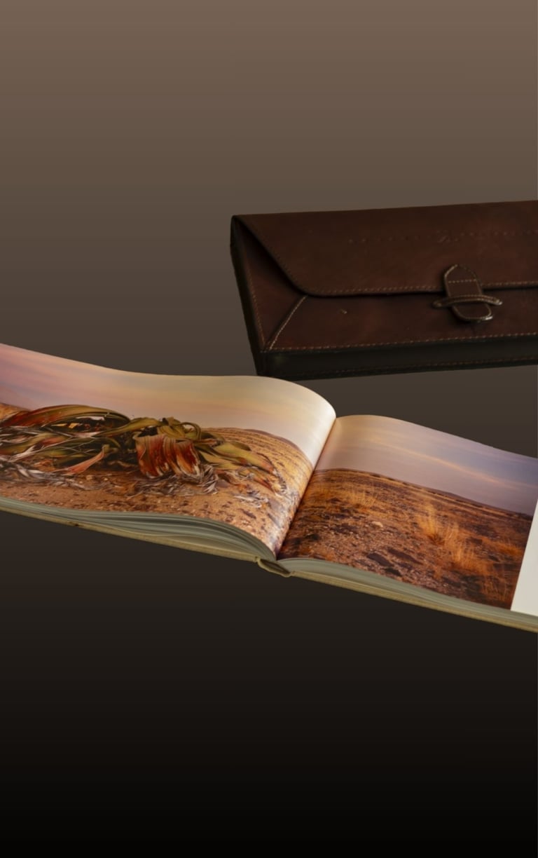 Open panoramic Moments of Grace coffee table book with handcrafted leather archival case.