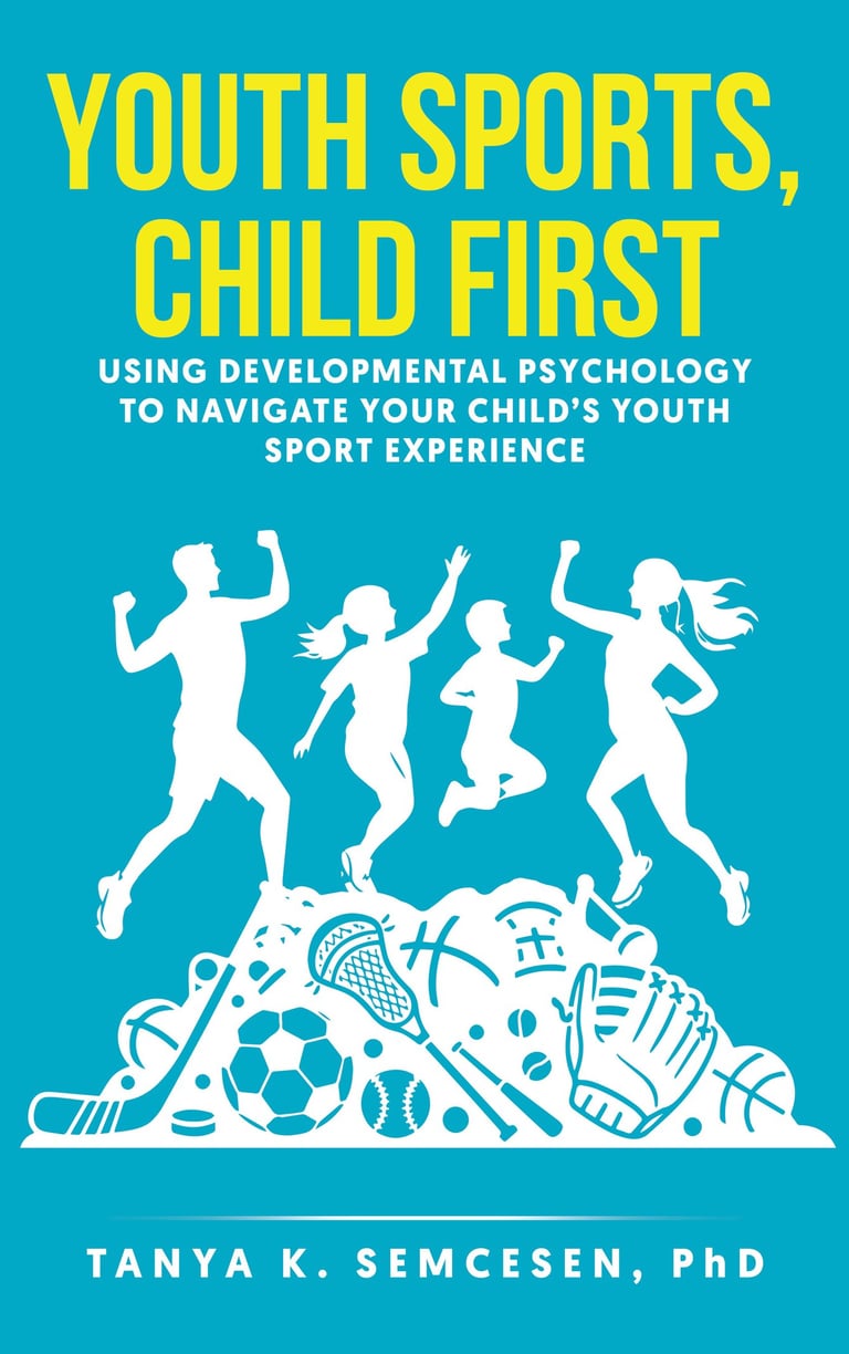 book cover with image that depicts children of different ages jumping on a pile of sports equipment