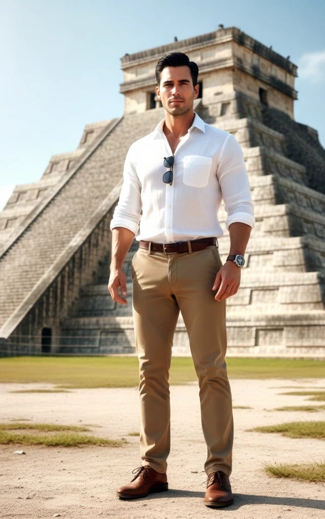 a man standing in front of a pyramid shaped building