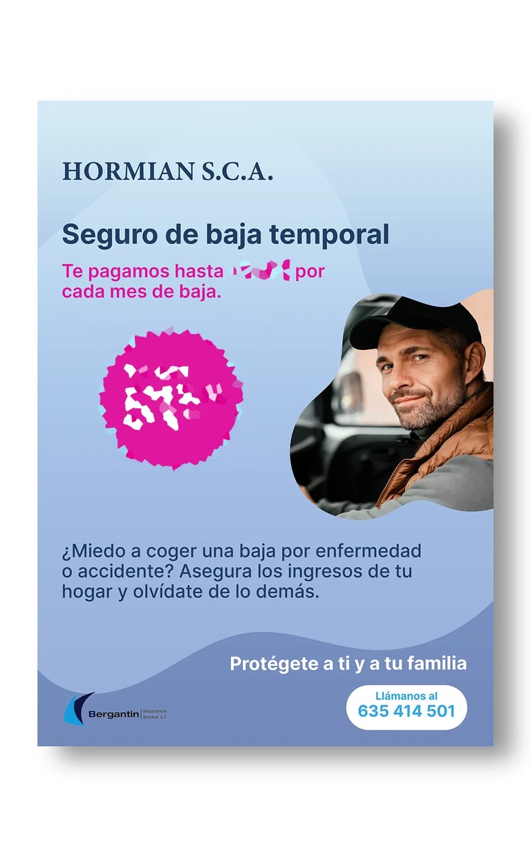 Cartel publicitario de seguro de baja temporal con la foto de una persona