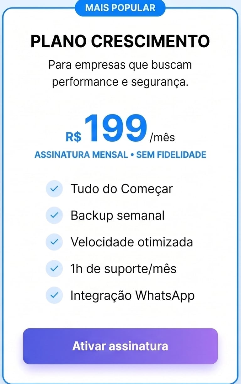 Plano Crescimento subscription card for 199 BRL per month featuring weekly backup and WhatsApp integration.