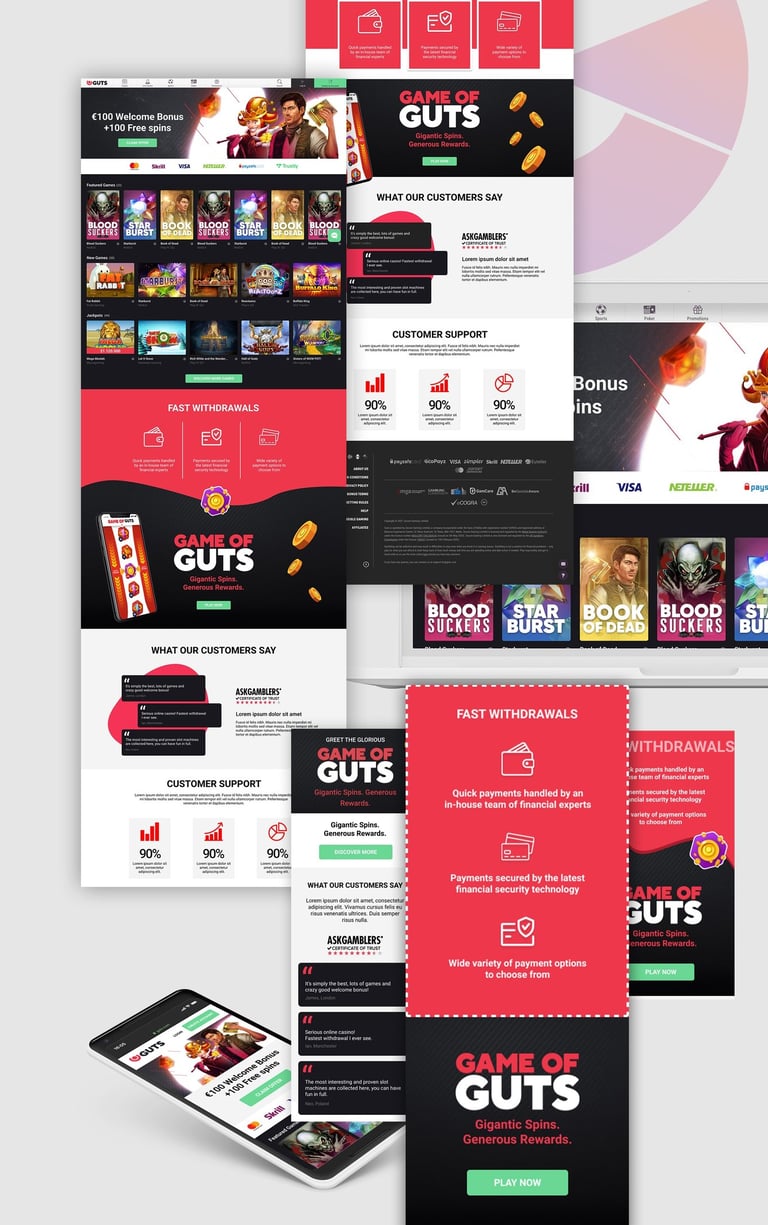 Guts landing page concepts—‘Game of Guts’ hero, game grid, fast withdrawals panel, testimonials