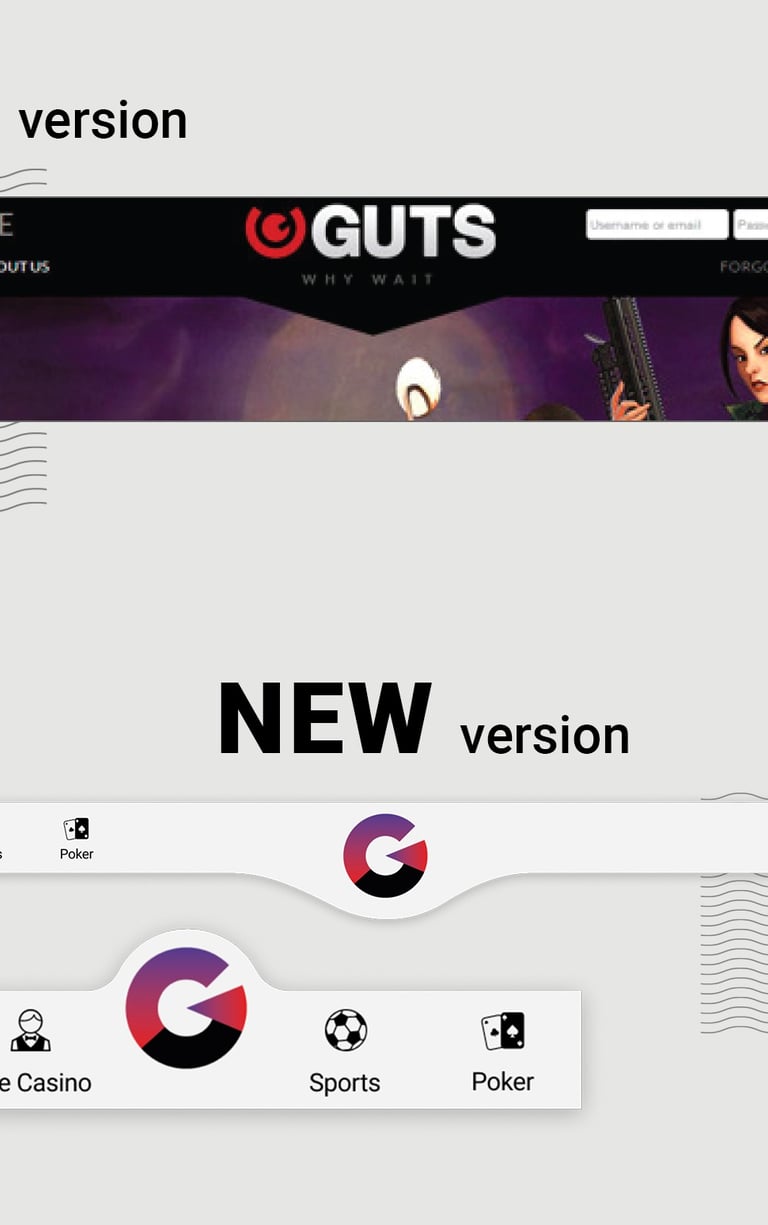Guts navigation—old black header vs new white bar with centered “nav bump” logo and category icons