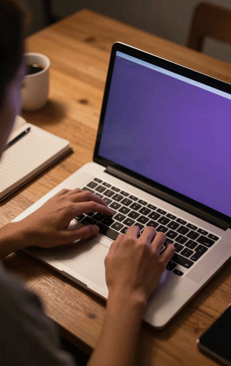 Over-shoulder view of a creator at a glowing laptop screen in a warm tungsten-lit desk setup, notebook and coffee visible to the left, purple-tinted monitor glow casting soft light on the keyboard, cinematic and moody