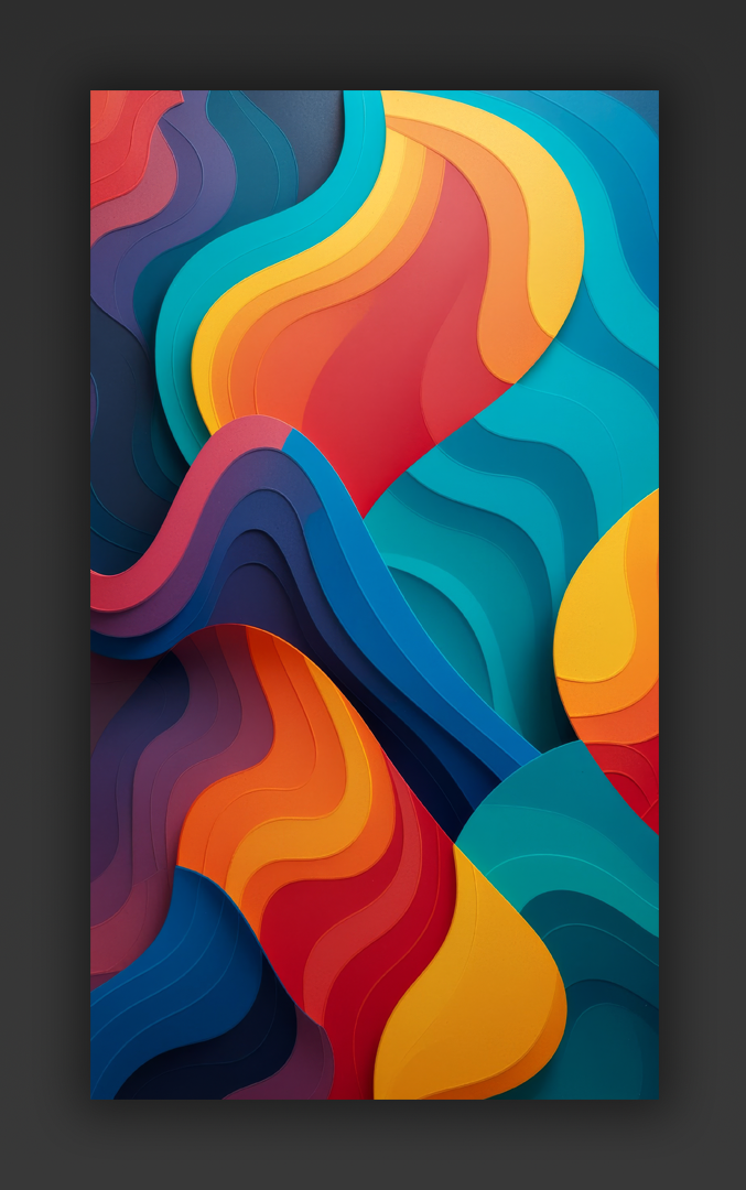 Vibrant 3D abstract paper cut art with colorful wavy layers in blue, orange, and red.