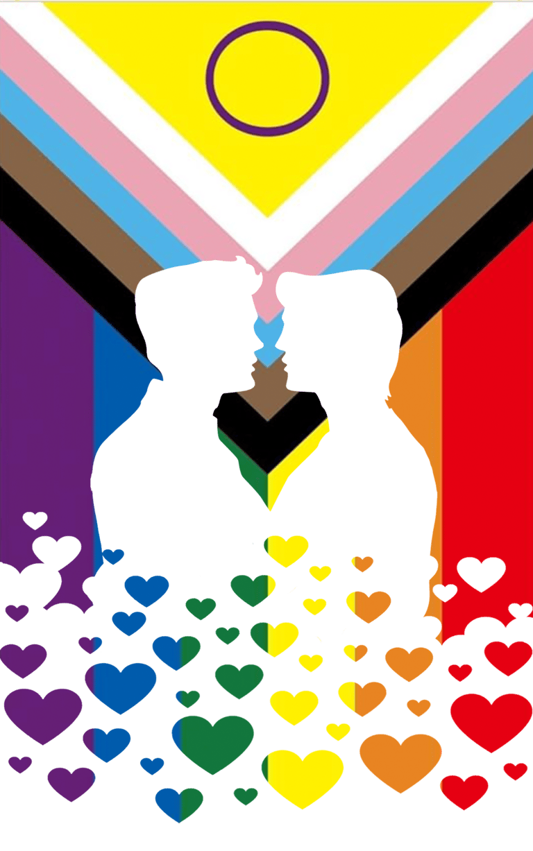 Gay Kiss pride artwork featuring two men kissing in silhouette, set against the Progress Pride flag with rainbow hearts