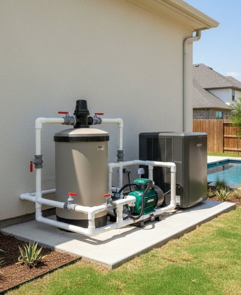 Pool equipment pad in Round Rock, Texas during a pool equipment troubleshooting visit