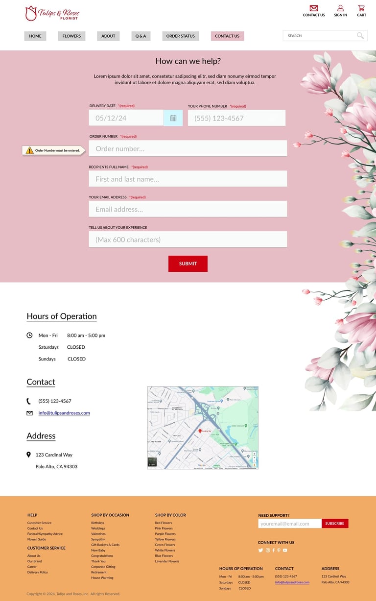 Contact Us webpage design with a contact form, hours of operation, contact information, address, and a map.