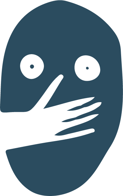 Ilustración de máscara con una mano negra que cubre la boca, simbolizando el silencio o secreto