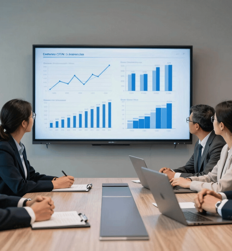 A diverse team of professionals in a sleek North American / US corporate office boardroom discussing financial charts on a large screen, focused on deep midnight navy and soft steel blue color schemes, professional atmosphere.
