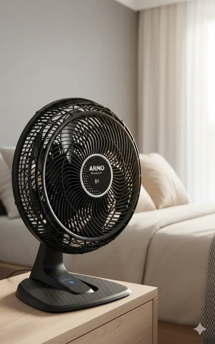 Black Arno Bluetooth desk fan on a wooden nightstand in a modern bedroom.