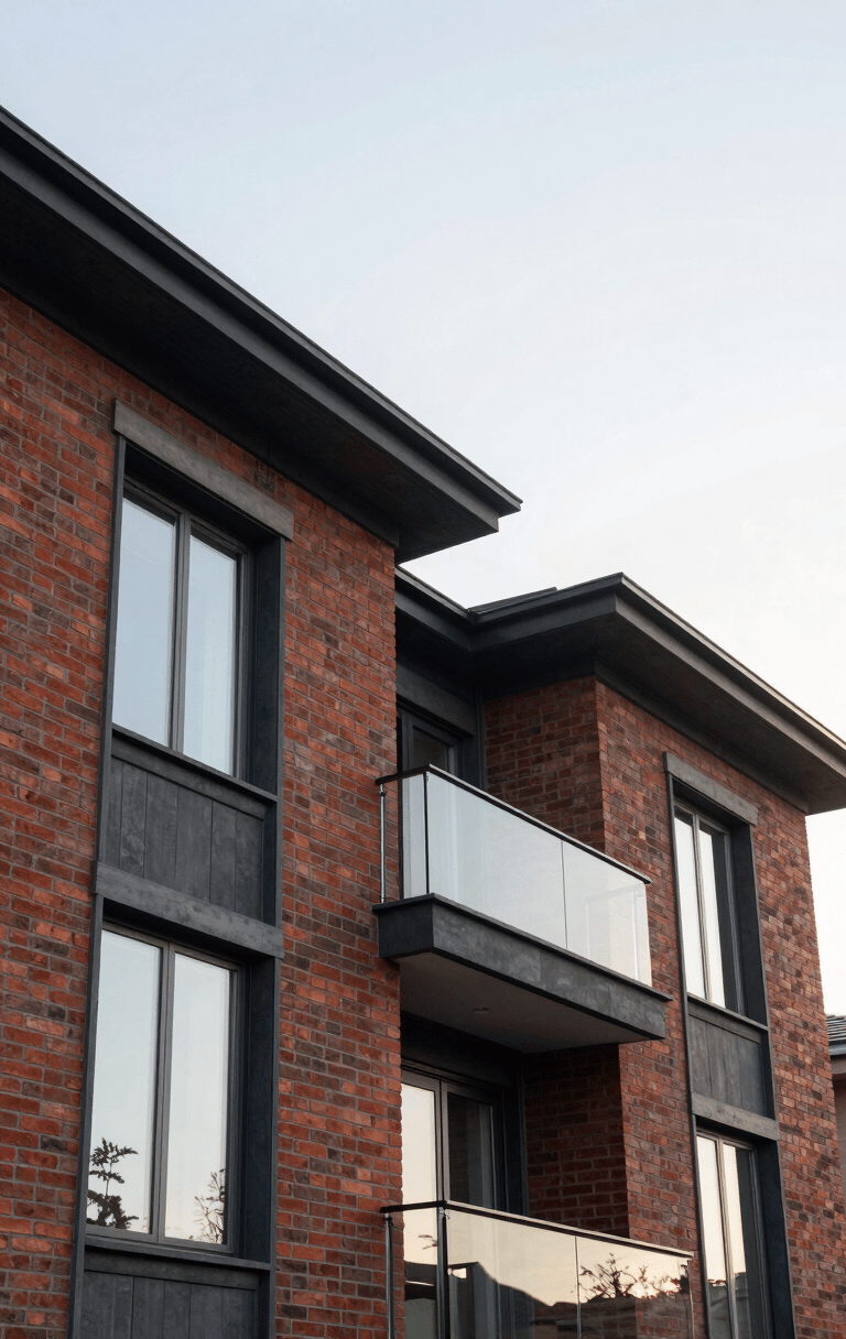 A low-angle professional photograph of a modern luxury residential home exterior with deep brick red accent panels and charcoal dark slate grey window frames. The sky is a clear, bright off-white, reflecting a crisp morning light. The composition is clean and architectural.