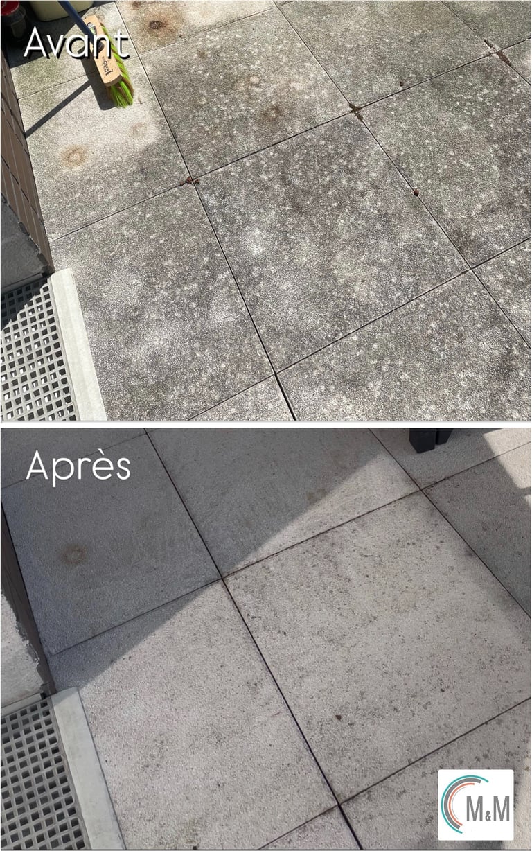 Avant après nettoyage dalles de terrasse haute pression par m&m services pro Rouen
