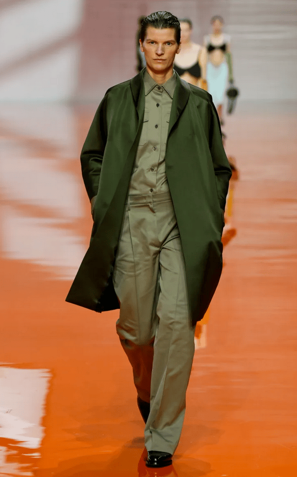 Prada Spring Summer 2026 – Olive green tailored set.
