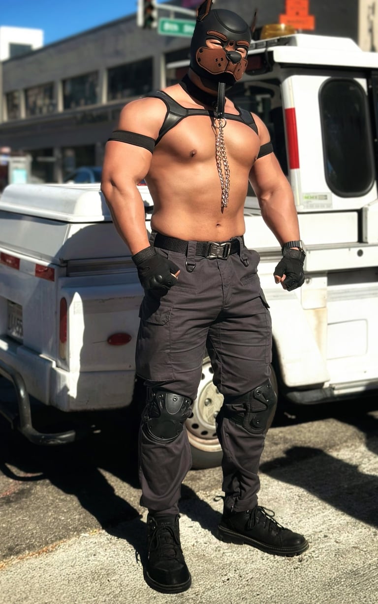 Muscle man in the street wearing a pup mask.