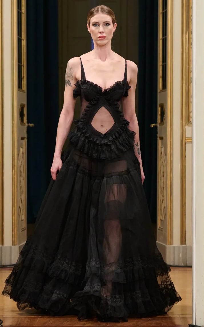 Anton Giulio Grande Spring/Summer 2026 Sheer black cutout lace gown with ruffles.
