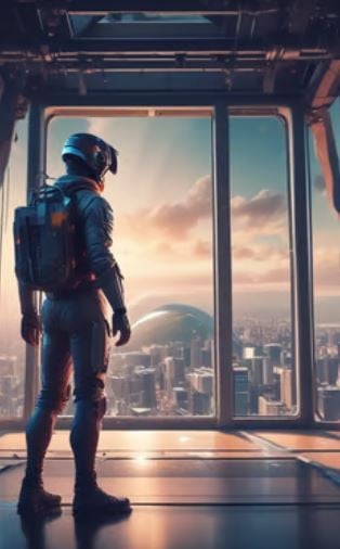 a man in a space suit standing in front of a window