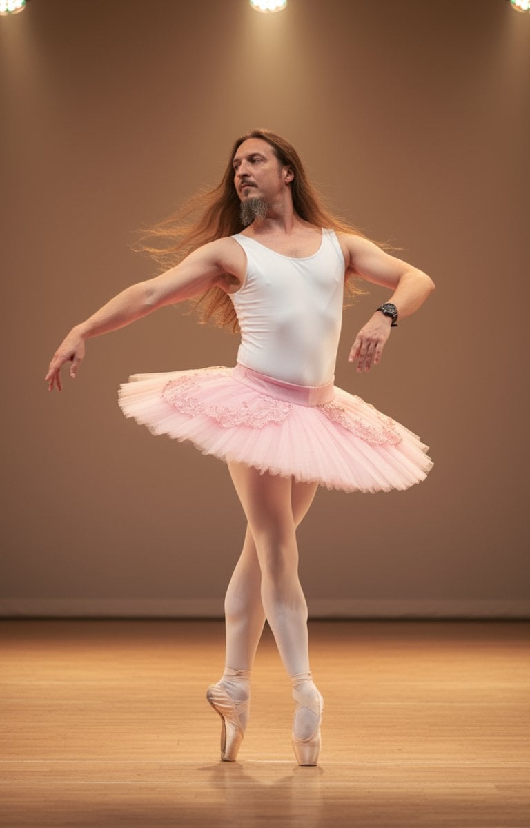 wowart, Fotograf und Künstler aus Chur, in künstlerischem Selbstporträt mit rosa Balletttutu im Studio