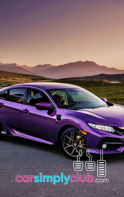 a purple Honda Civic parked on a road with mountains in the background