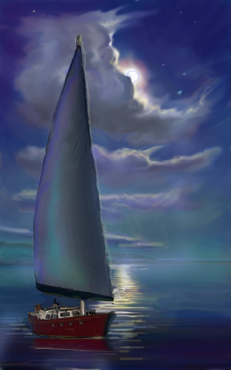 Hyco Lake Moon on sailboat evening sky picture in oil on canvas