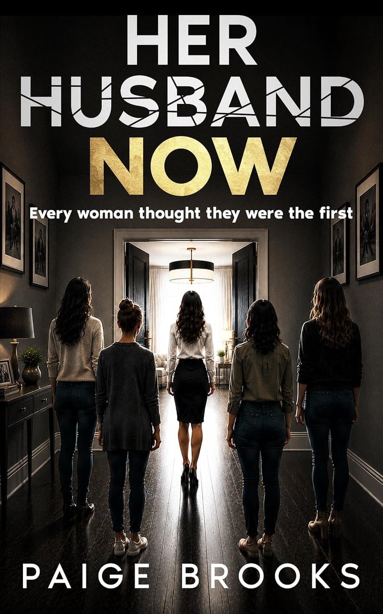 Book cover for Her Husband Now by Paige Brooks featuring five women in a dark hallway.