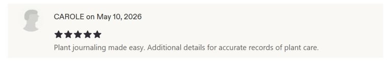 Five star Etsy review from Carole saying the Quiet at Home Plant Care Tracker Bundle made plant jour