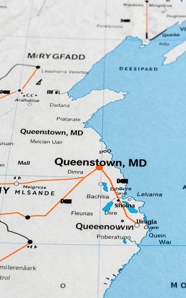 Detailed map highlighting the Mid-Atlantic region (Maryland, Delaware, Virginia, Pennsylvania) with Queenstown, MD marked as the central hub, crisp technical lines.