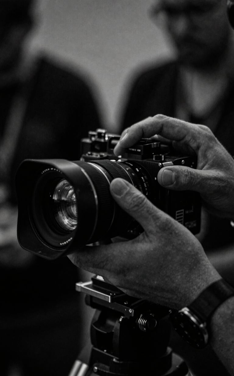 Extreme close-up of a focused crew member's hands adjusting a camera lens on a film set, moody low-key lighting, high-contrast monochrome with deep shadows, anamorphic lens, 35mm grain.