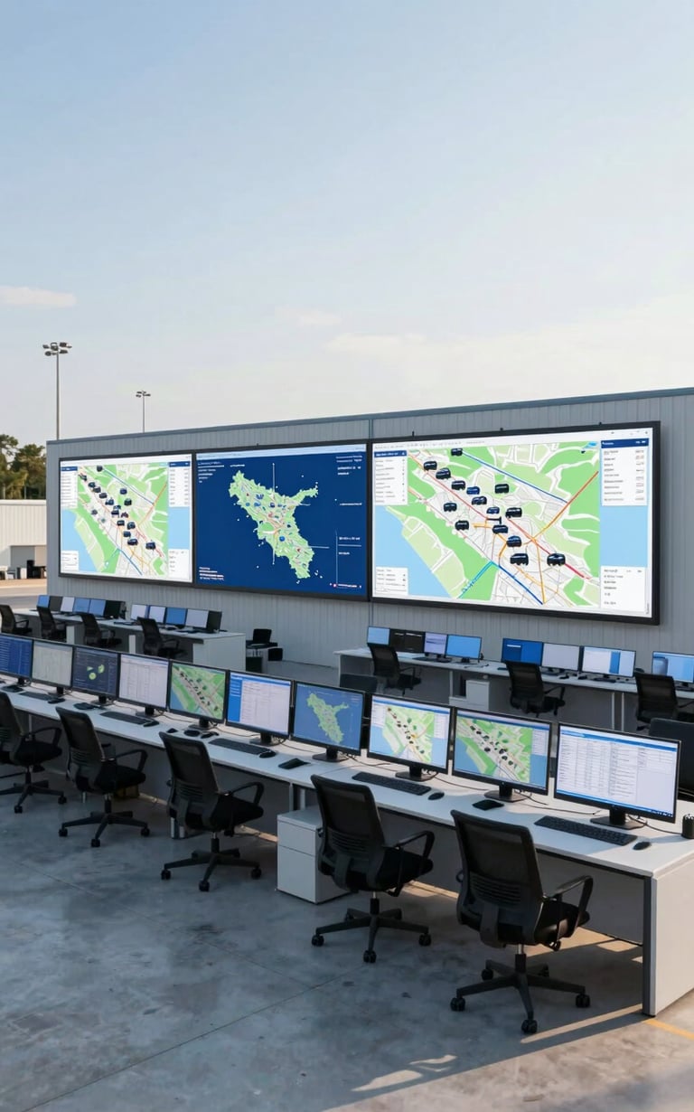 Wide shot of a modern logistics dispatch center in Augusta, GA, with large screens displaying regional maps and fleet movements, crisp corporate photography, bright morning daylight, clean industrial tones, wide-angle lens
