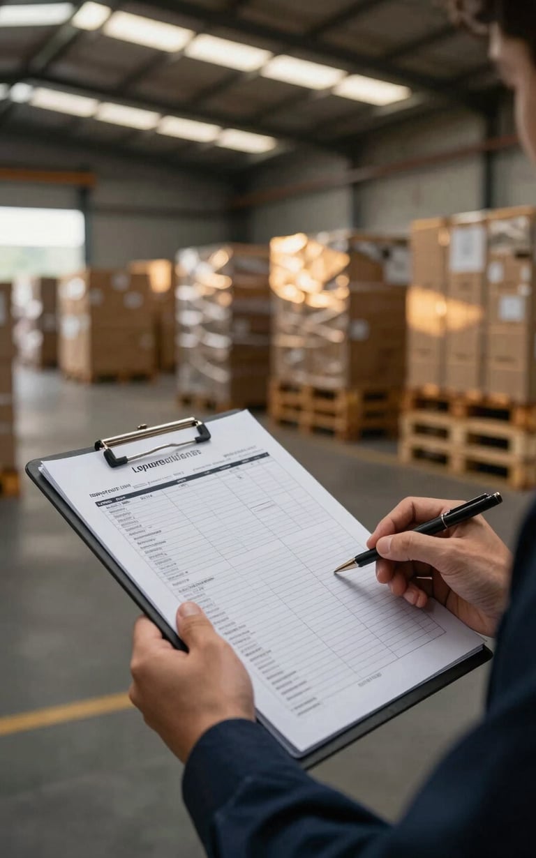 Logistics coordinator reviewing a physical shipping manifest, close-up on hands and documents, industrial warehouse lighting, secured industrial pallets in background.