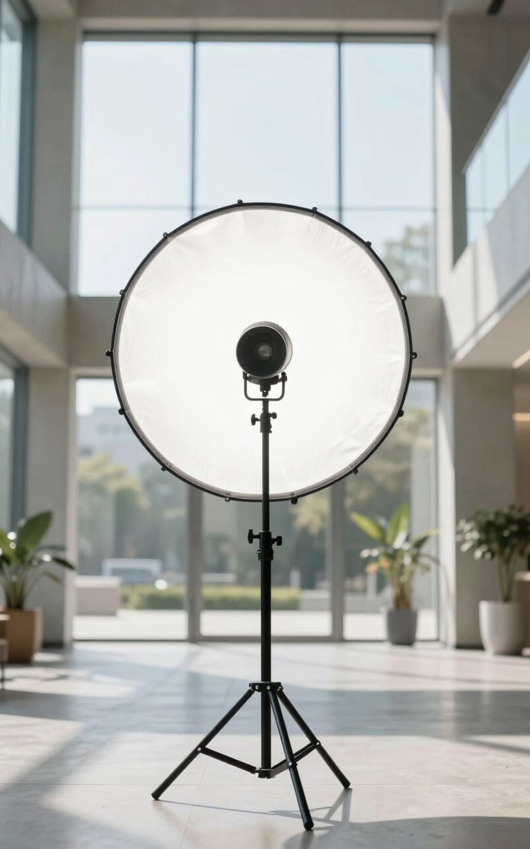 Symmetrical composition of a professional photographer adjusting a large studio strobe on a heavy-duty C-stand inside a modern concrete and glass building lobby, sharp focus, bright natural daylight fill.
