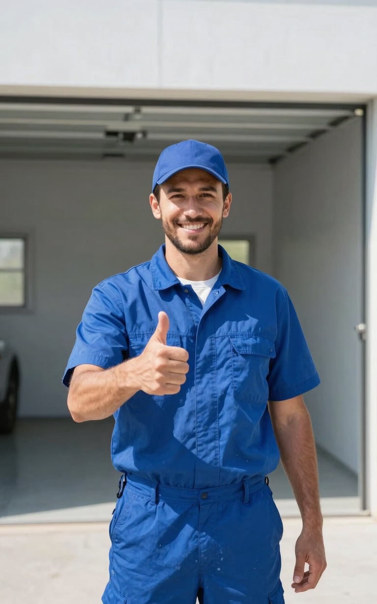 Professional Haul Away Junk LLC crew member in clean uniform smiling and giving a thumbs up after completing a cleanout, a neatly swept empty garage in the background, bright natural daylight, crisp focus, commercial style