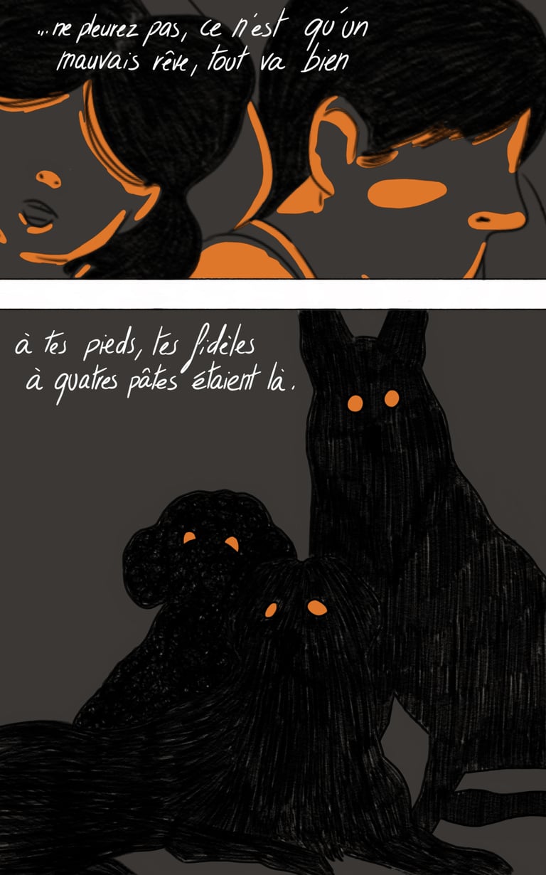 Troisième page du projet Demain, dès l’aube. On y voit deux enfants et des silhouettes de chiens