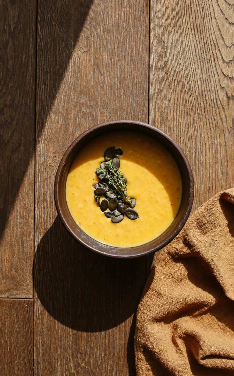 a bowl of soup with pumpkin seeds and pumpkin seeds