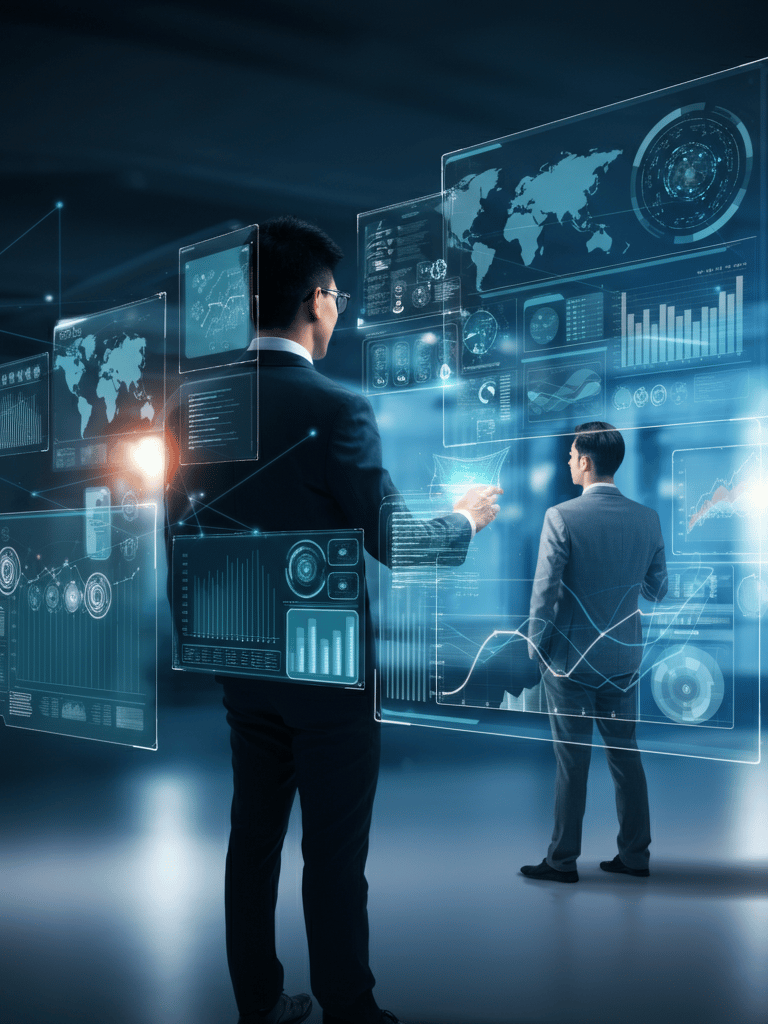 A futuristic operations center with professionals monitoring real-time system analytics on multiple holographic dashboards.