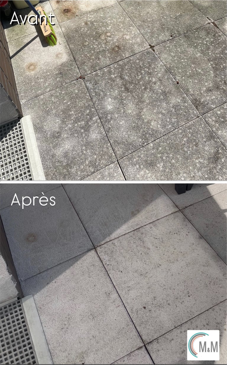 Avant après nettoyage dalles de terrasse haute pression par m&m services pro Rouen