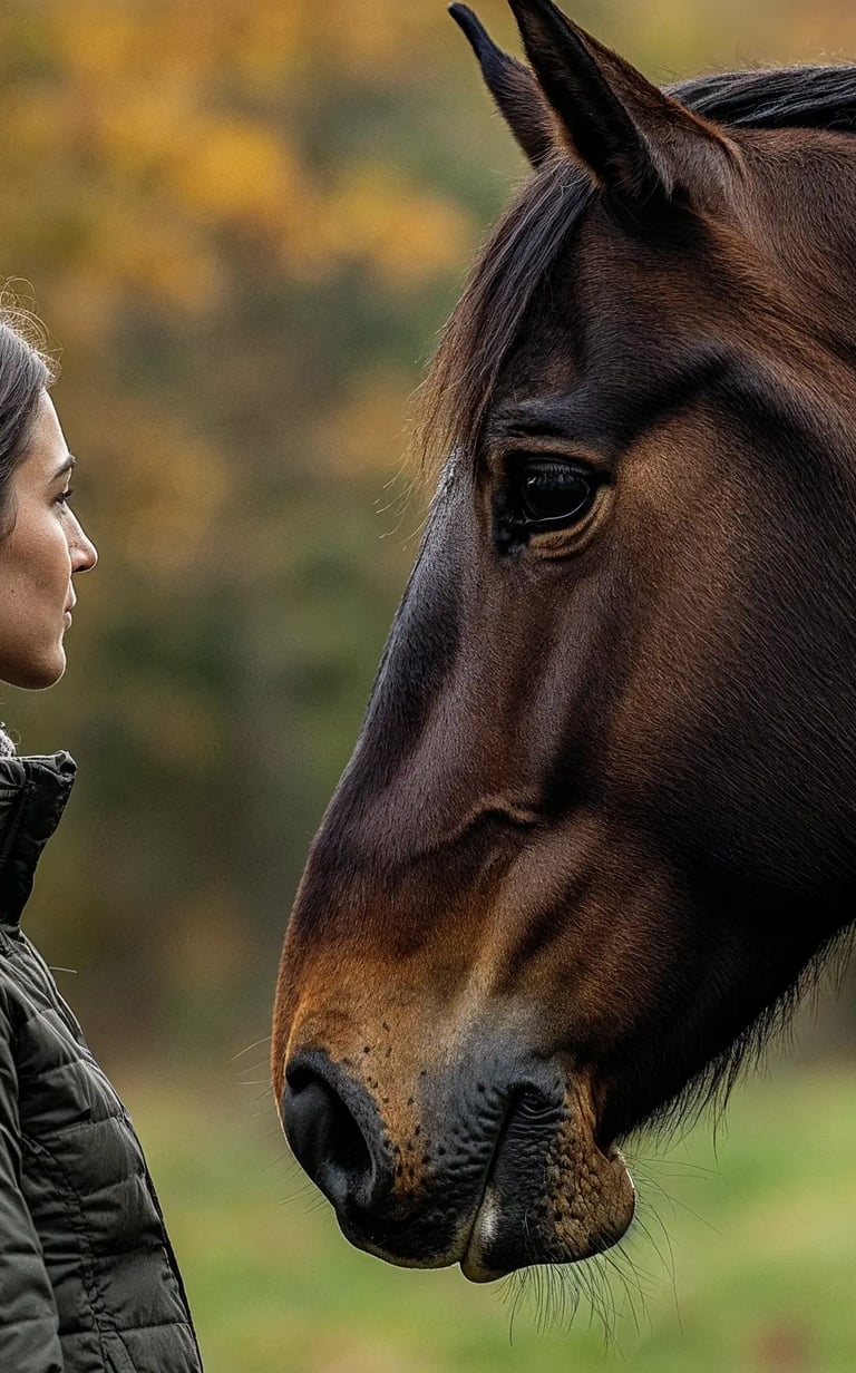 a woman standing next to a horse in a field