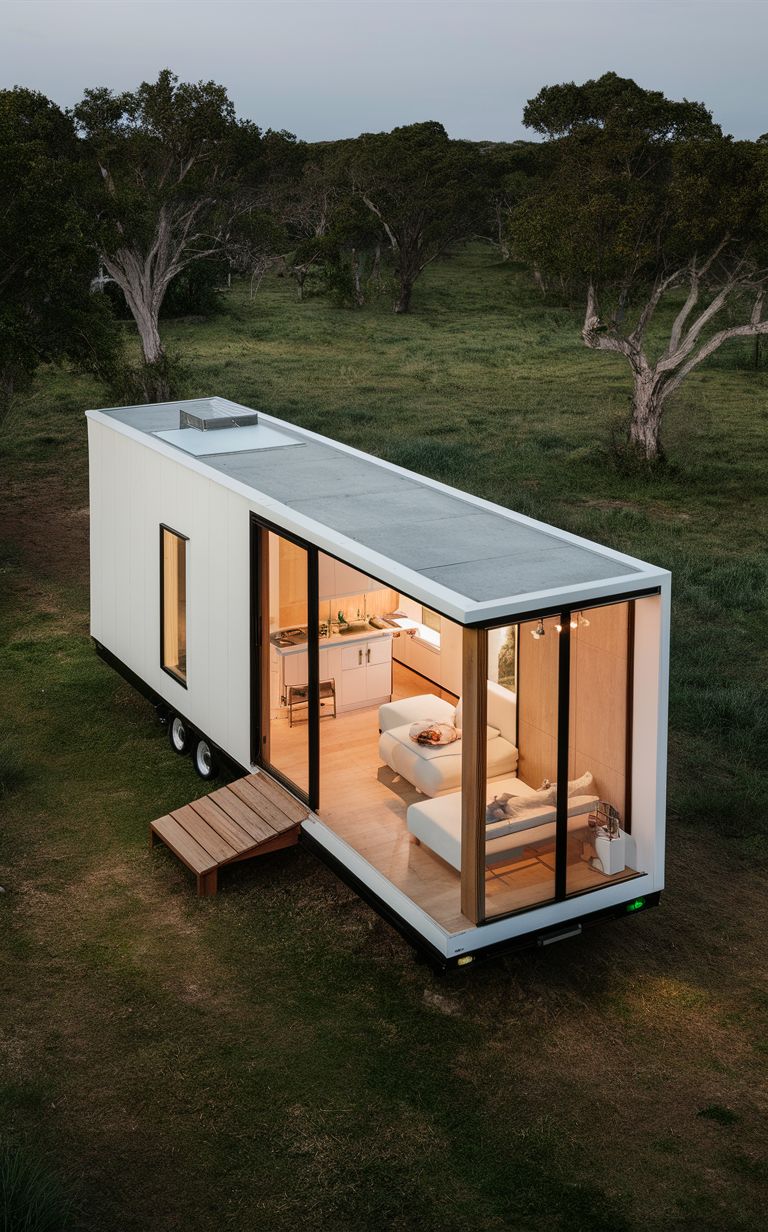 White tiny house on wheels with the lights on