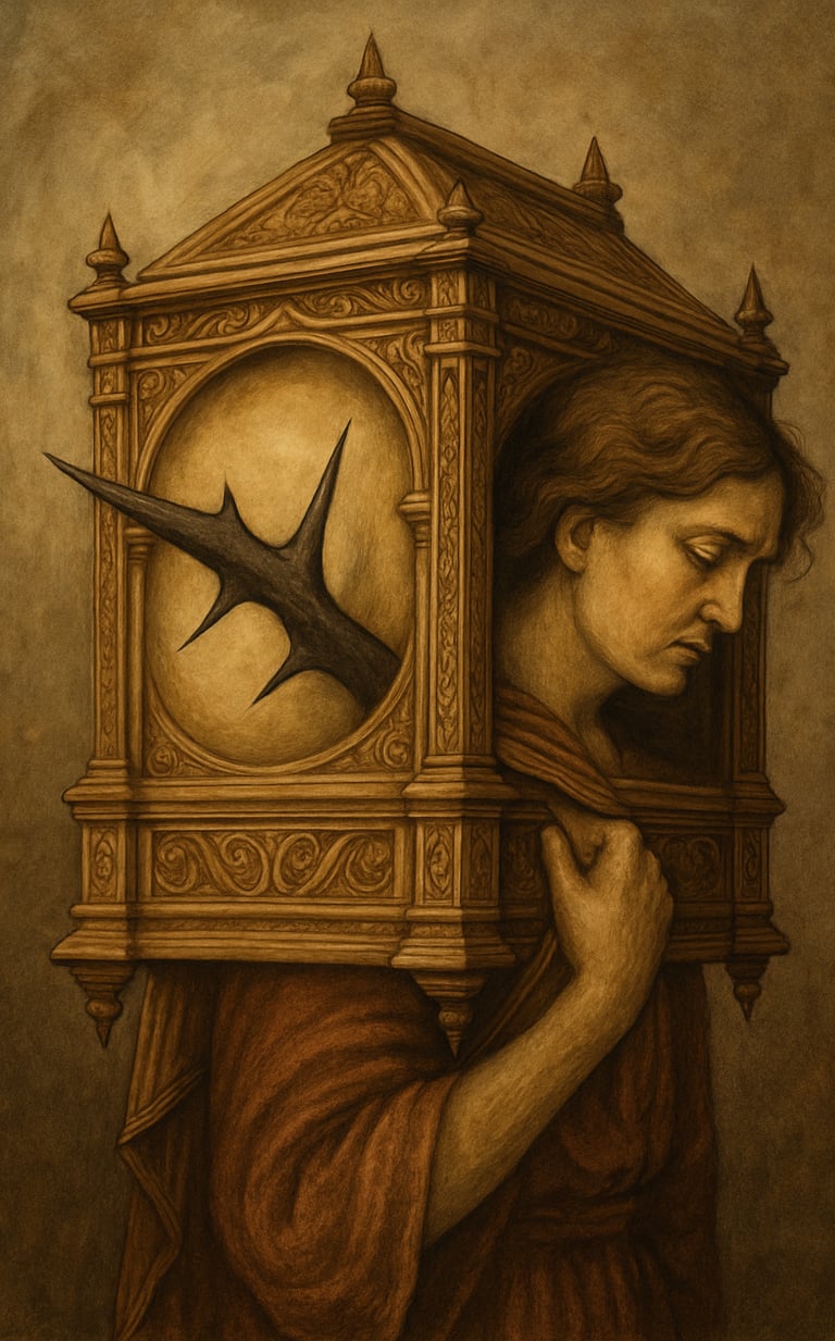 “A woman carrying an ornate wooden box on her back, pierced by a black thorn. The Untethered Soul.