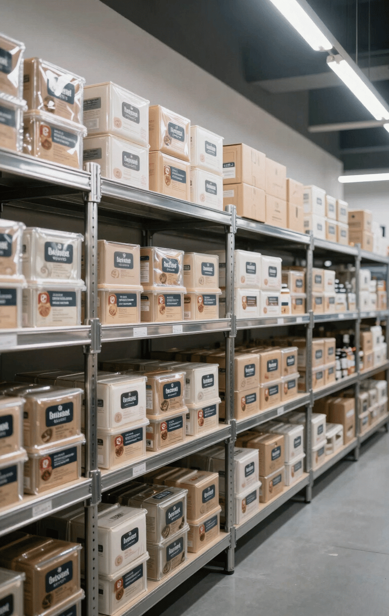 Architectural wide-angle view of a multi-brand kitchen dispatch zone, rows of sealed branded packaging units on stainless shelving under crisp cool overhead lighting, no people, clean lines emphasizing logistical precision and operational volume