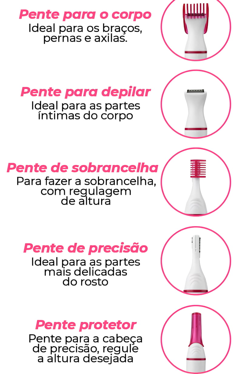Kit completo do Depilador Feminino 5 em 1 com seus 5 acessórios: pente para o corpo
