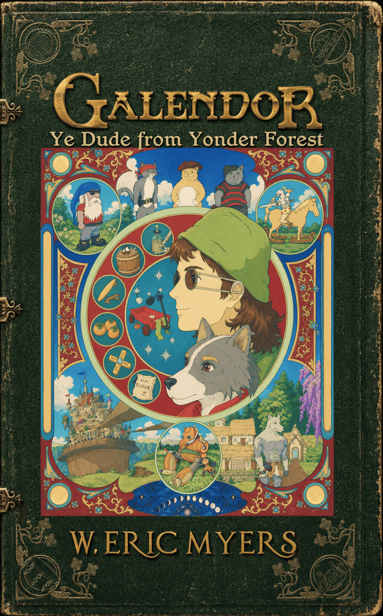 Galendor Book One front cover, Ghibli-like artwork in Art Nouveau style made to look like an antique book.