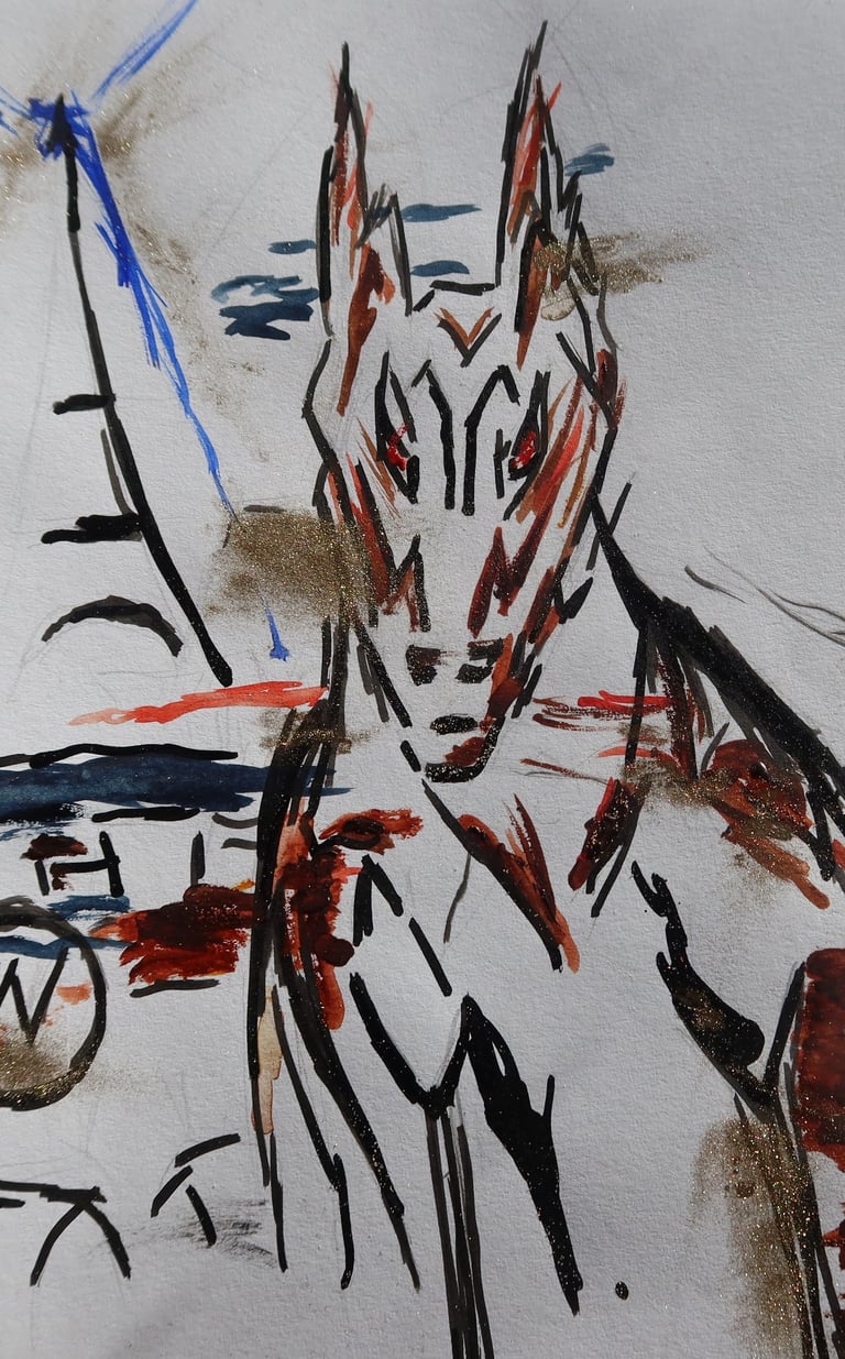 Aquarelle représentant un doberman féroce avec une voiture de luxe et la tout Eiffel.