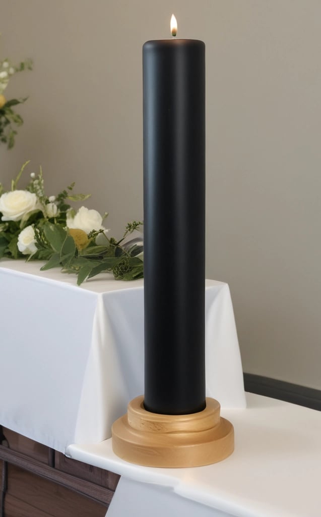 Tall Black Pillar Candle (28 inch) for modern wedding or event centerpiece.