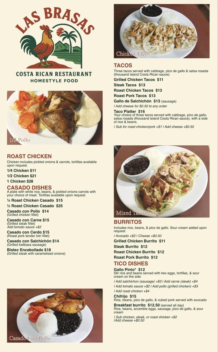 Las Brasas Costa Rican restaurant menu page 1