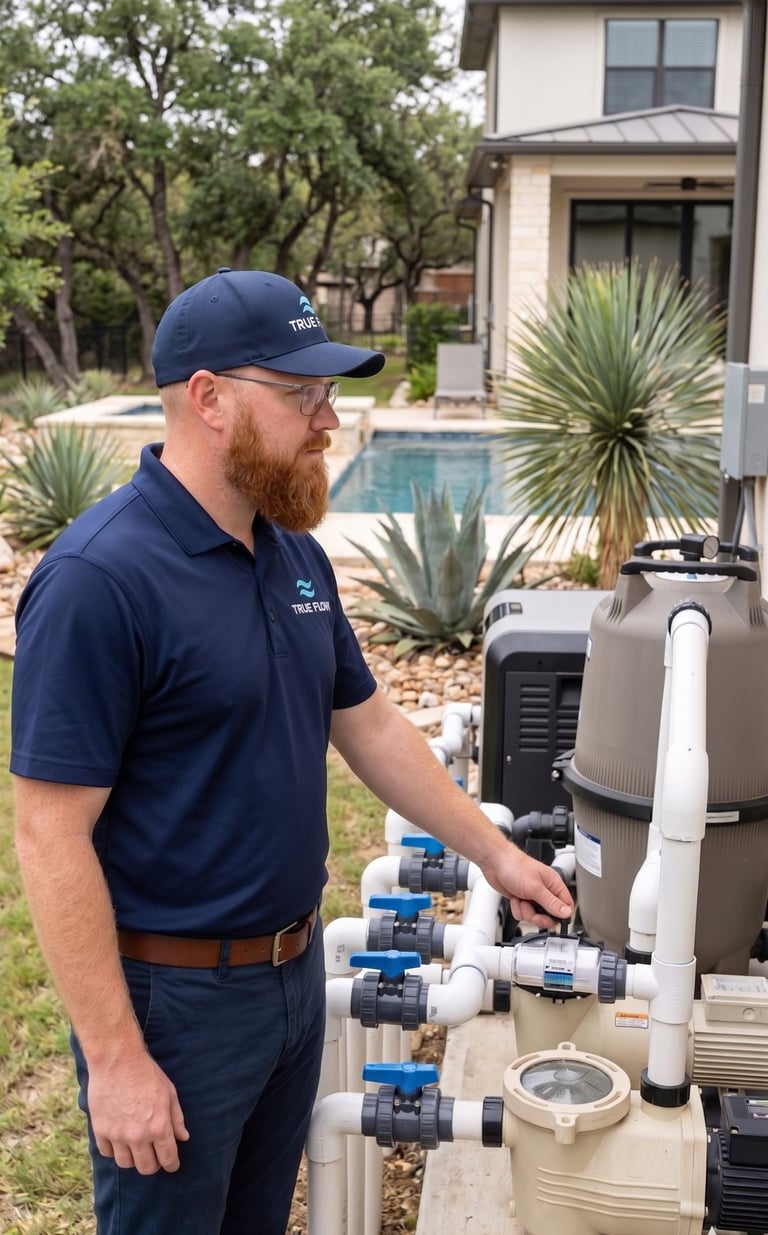 True Flow Pools technician inspecting pool equipment pad at a Round Rock home
