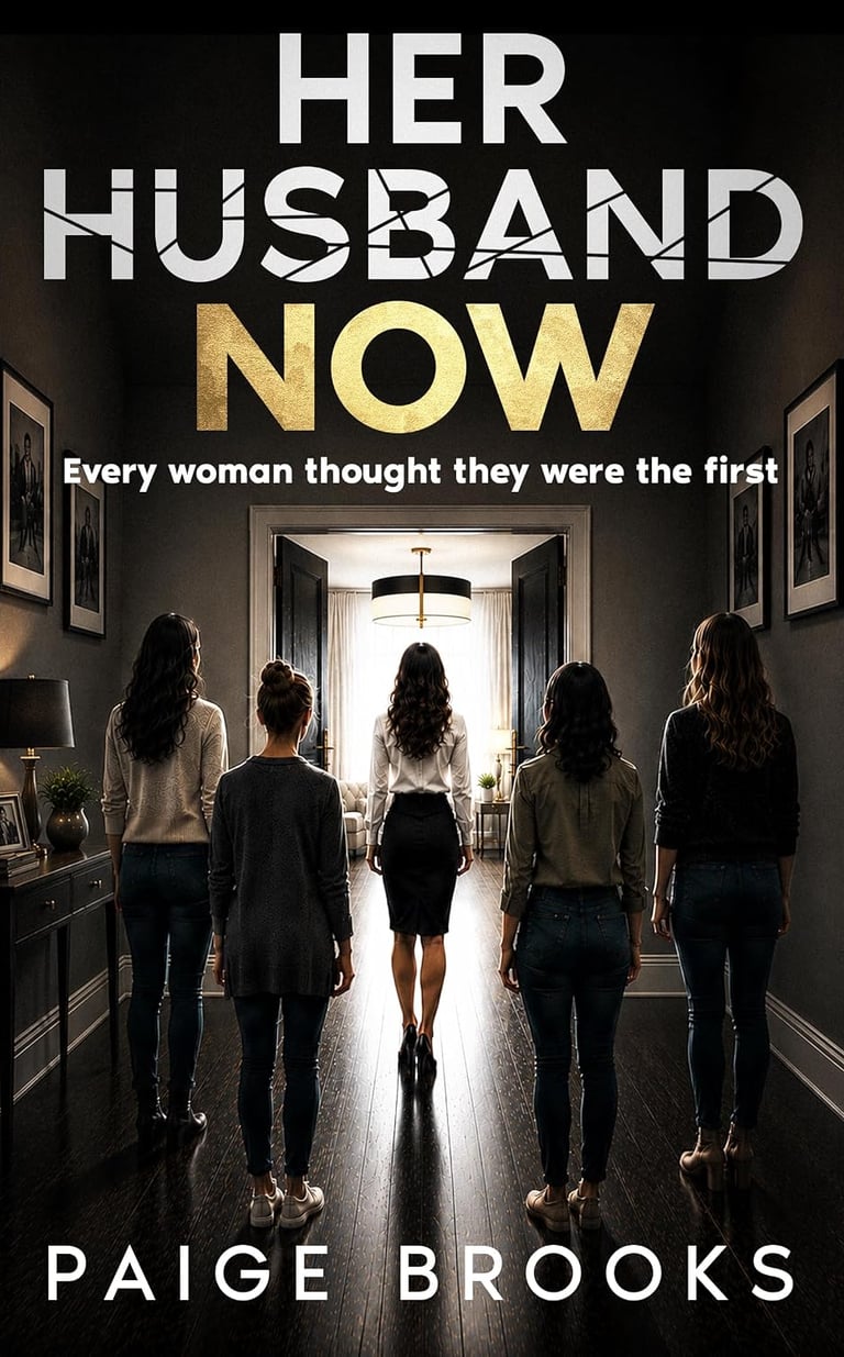 Book cover for Her Husband Now by Paige Brooks featuring five women in a dark hallway.