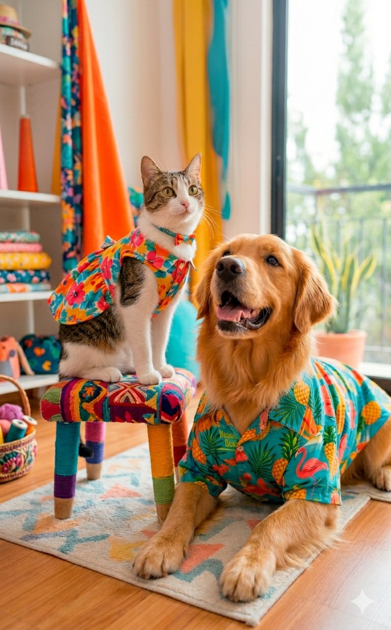 Perro Golden Retriever y un gato atigrado posando juntos con camisas veraniegas de flores tropicales