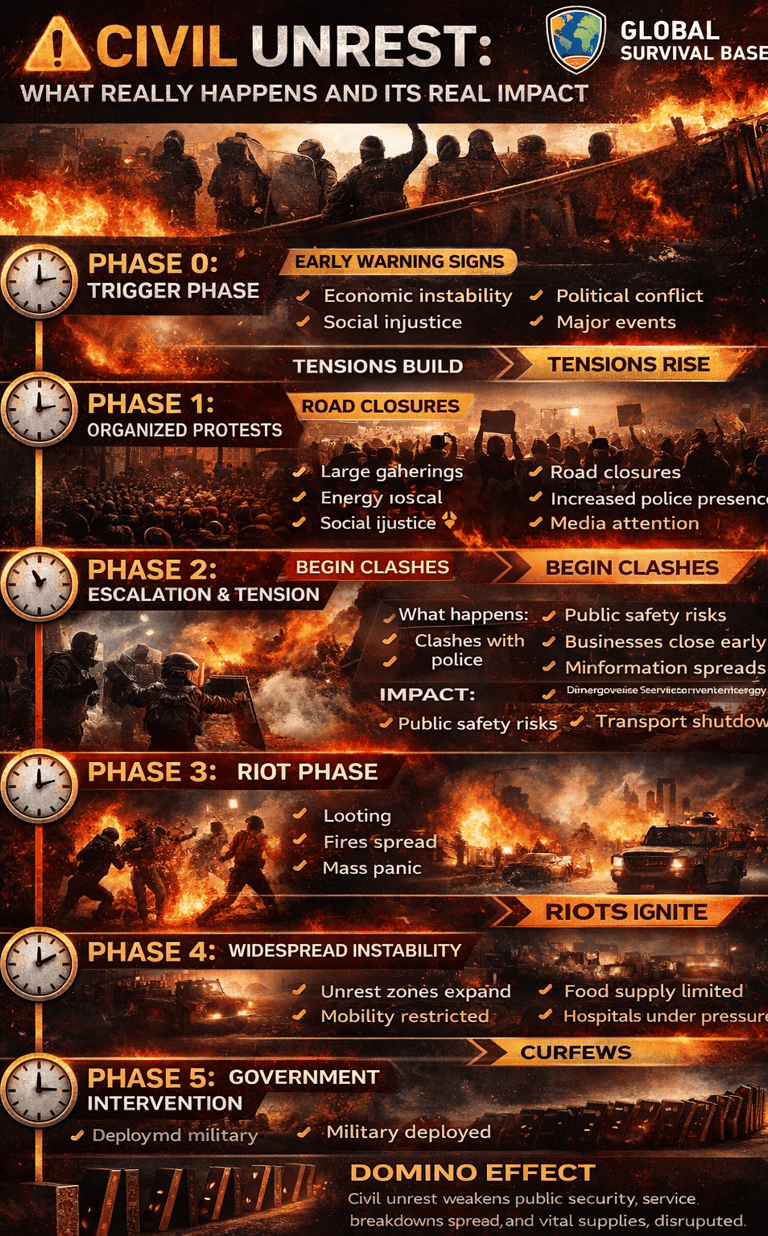 the infographics image of Civil Unrest what really happens and its real impact